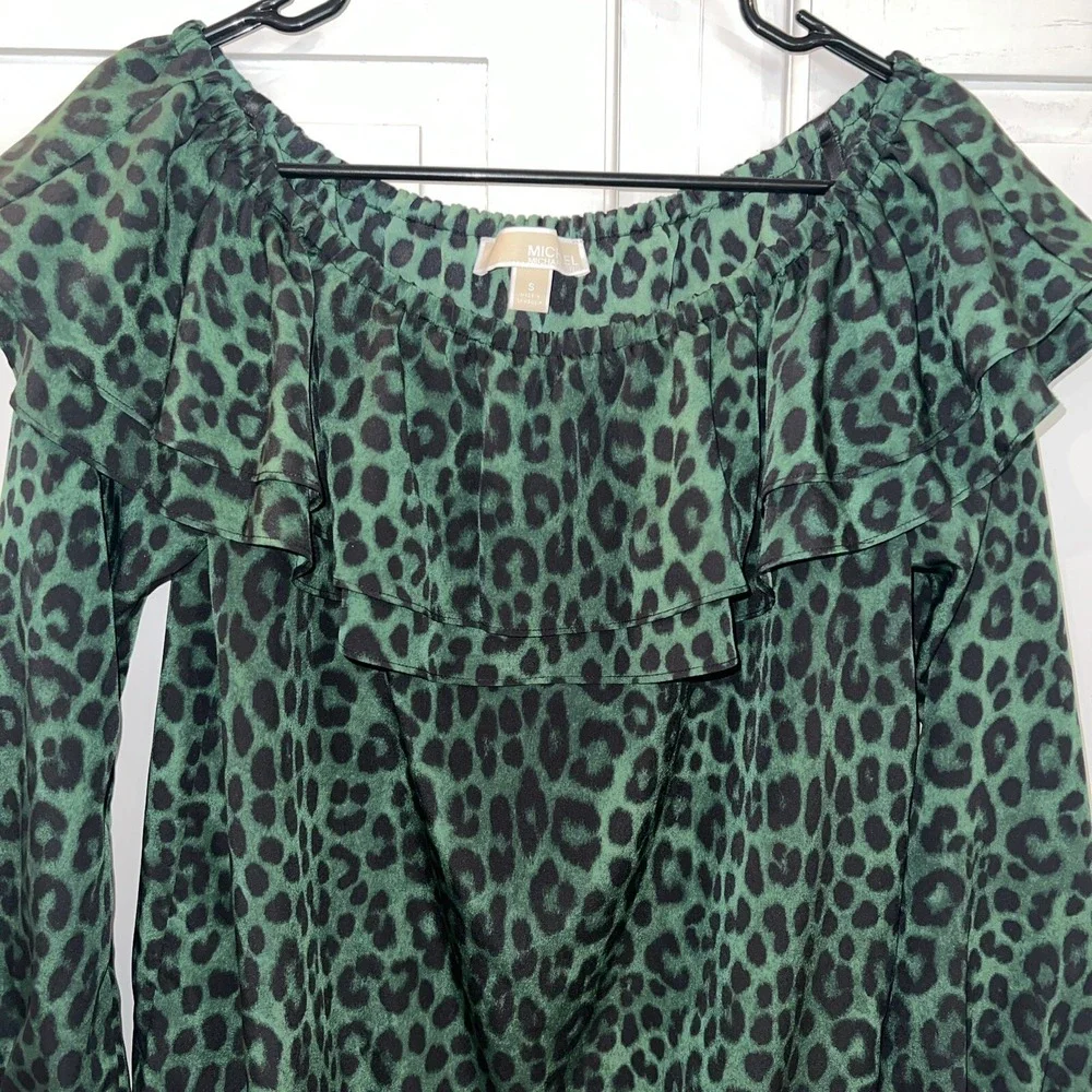 Michael Kors-Green Black Womens Size S Leopard Print Off Shoulder, Elastic Waist